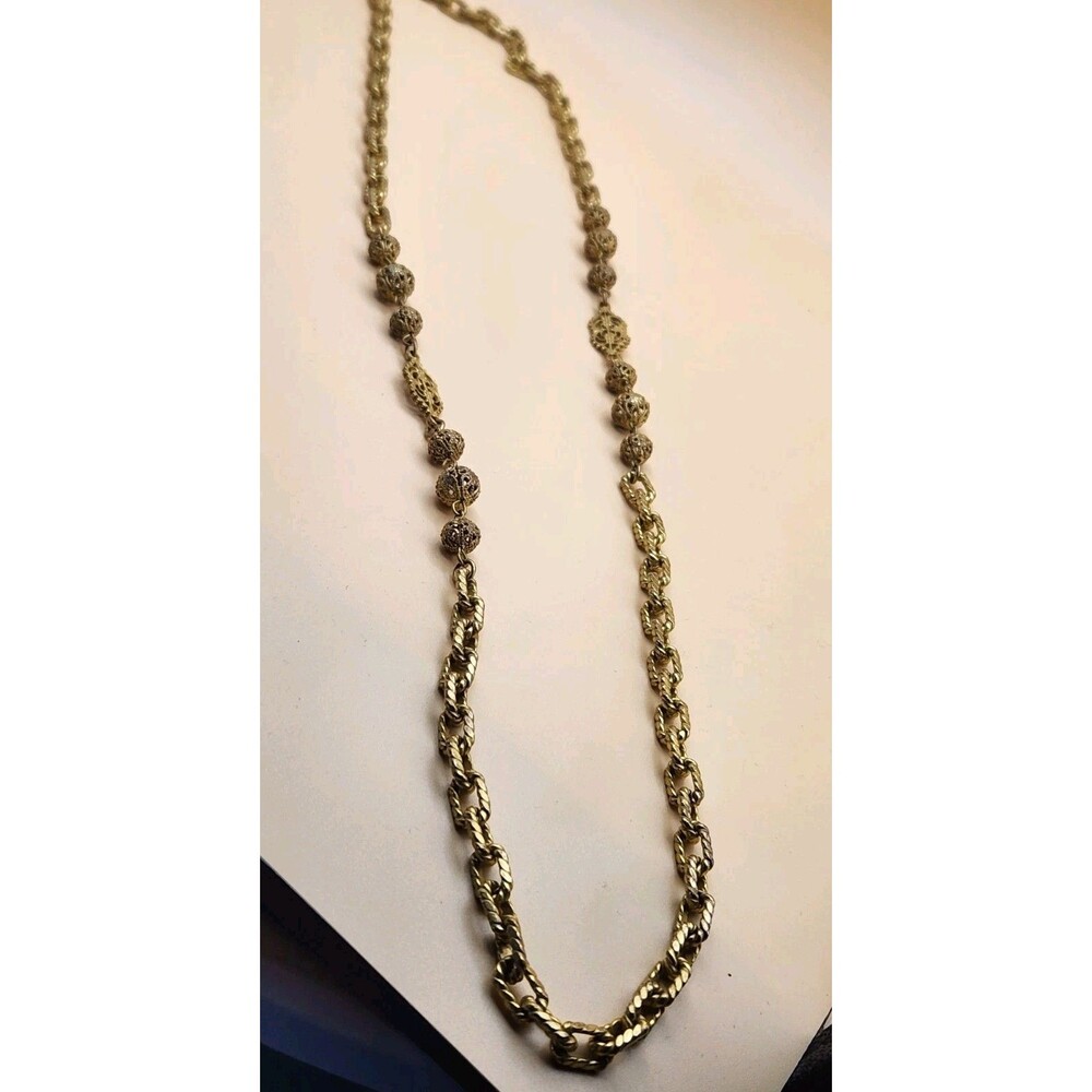 Miriam Haskell Gold Tone Filigree Bead Long Chain Necklace Signed Vintage